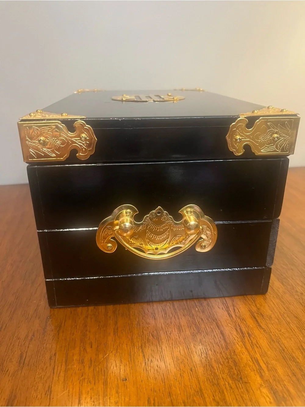 Vintage Asian Black Lacquer Jewelry Box Drawer Brass Hardware Chinese Longevity